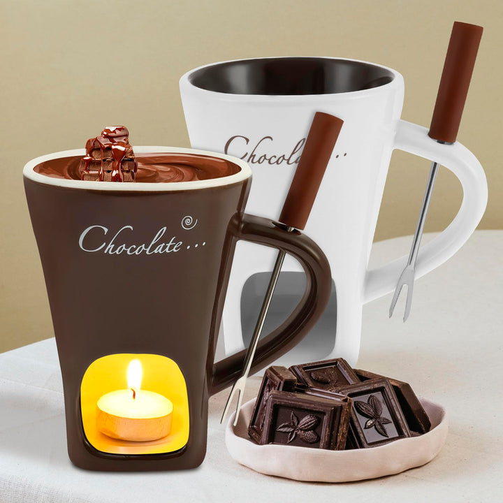 2 Stück Schokofondue Tasse,Keramik Schokoladenfondue Tasse mit Gabel Neu Käsefondue Set,Mehrzweck We