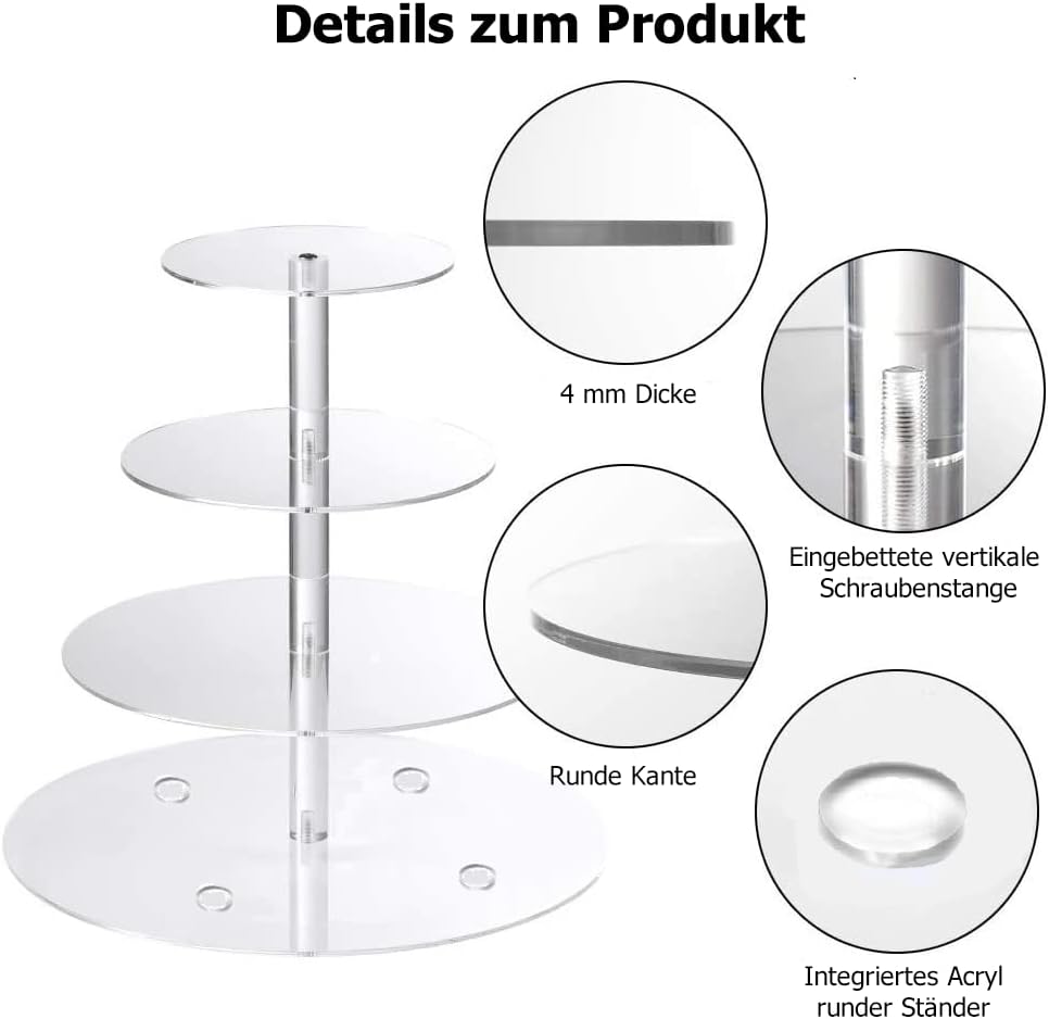 SOQKEEN Cupcake Ständer, Tortenständer 4 Etagen Acryl, 31,6cm klar rund Torten Etagere 4-stöckig Acr