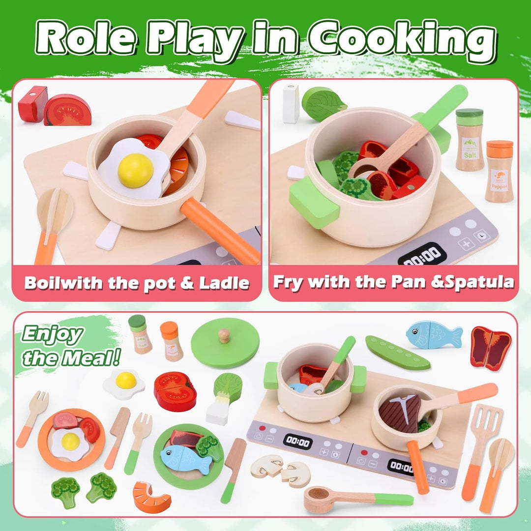 Mardo Kinderküche Zubehör Holz, Spielküche Zubehör 27 PCS Holzspielzeug Inklusive Topfset Küchenspie