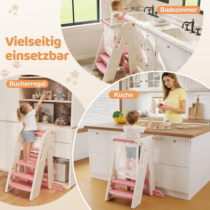Onasti Lernturm für Kinder mit Sicherheitsgeländer, Lernturm Klappbar, Höhenverstellbar, Learning To