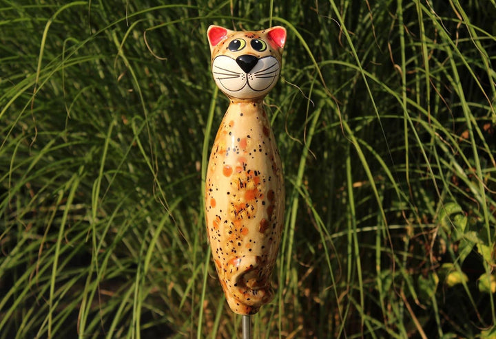 Gartenfigur Katze aus Keramik 30 cm Dekofigur getöpferte Gartendeko braun, Braun