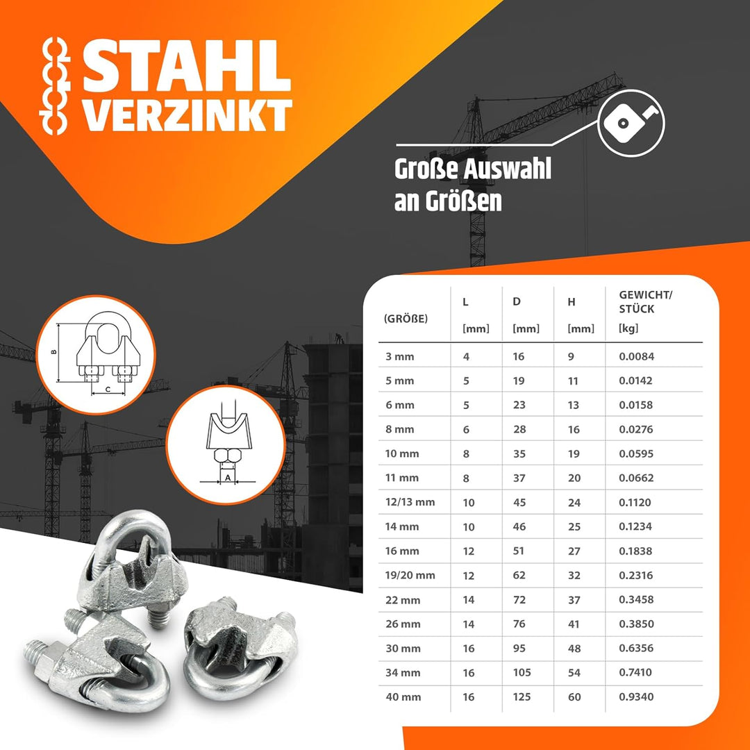 20m DRAHTSEIL SET 6mm 6x19+FC + 6 x SEILKLEMMEN 6mm DIN 741 + 2 x SPANNSCHLOSS M6 HAKEN - ÖSE verzin