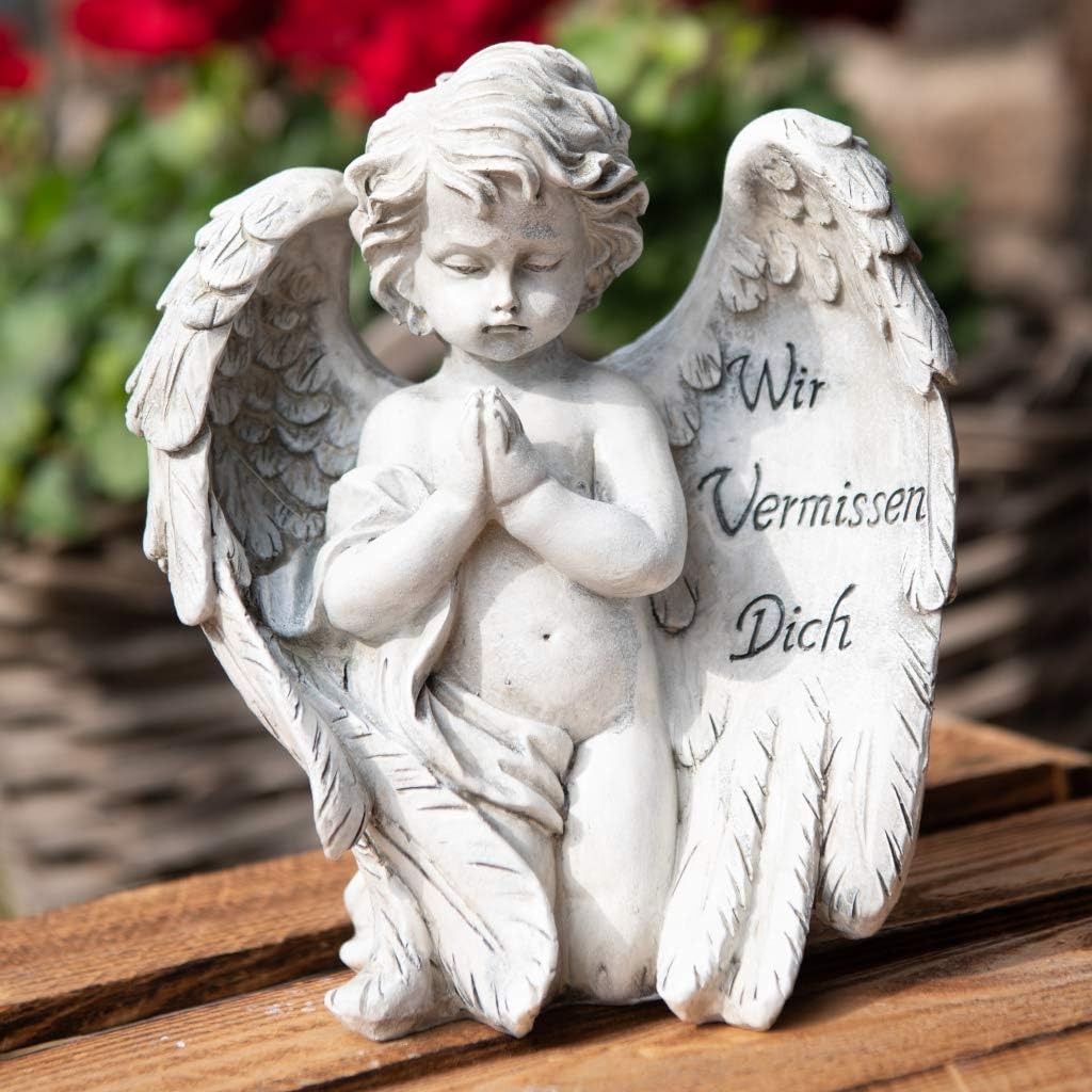 Kamelio Engel mit Spruch auf dem Flügel Trauerengel Grabschmuck Engelsfigur Gabriel