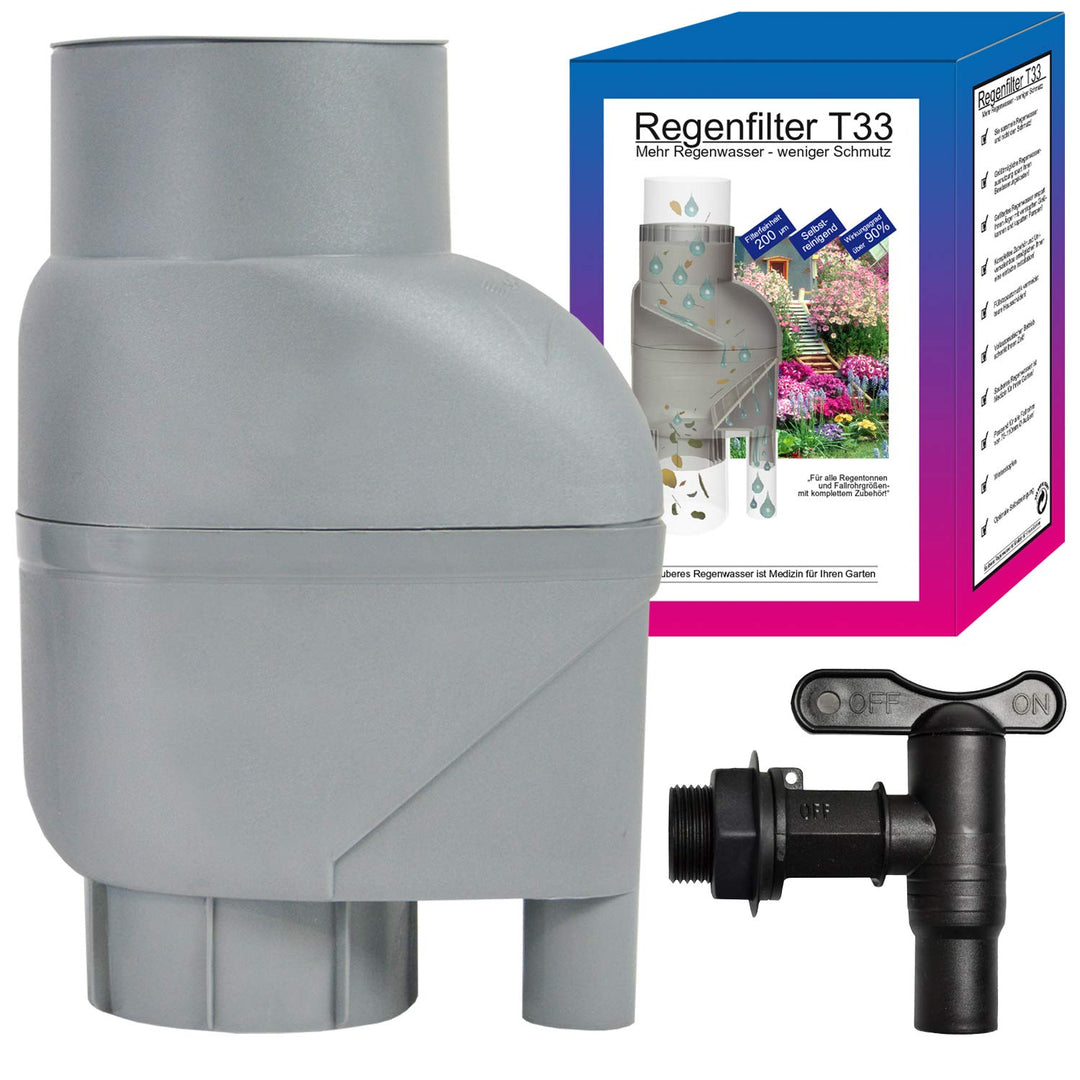 Regensammler Regenfass Regenfilter T33 mit Wasserhahn Regentonne Füllautomat m. Laubabweiser grau, R