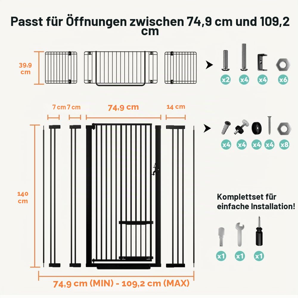 COMOMY 180 cm Extra Hoch Türgitter Katze/Hund, 75-110 cm Extra Breit Türschutzgitter mit Verstellbar