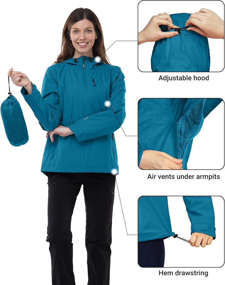 Outdoor Ventures Damen Regenjacke 10000MM Wasserdicht Leichte Gefüttert Packbar Sportjacke Funktions