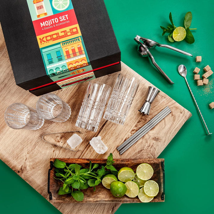 KOOLTHO Mojito Gläser Set Cocktail Geschenkset, Geschenk Cocktails Glas 4er Sets Zubehör Zitronenpre