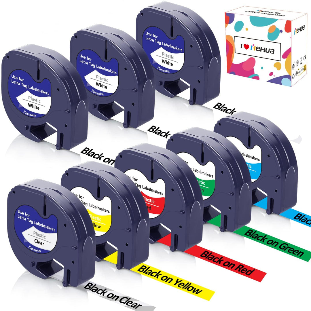 8 X Hehua Kompatible für Dymo LetraTag Etikettenband 12mm x 4m für Dymo Etikettenband 16951 91221-91