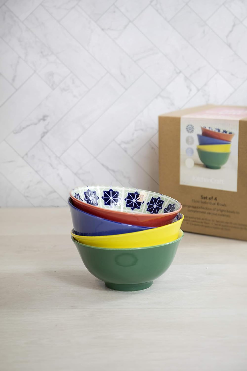 KC BLUE KitchenCraft Patterned Cereal Bowl Set in Gift Box, 4 Ceramic Bowls Ideal for Ice Cream, Sou