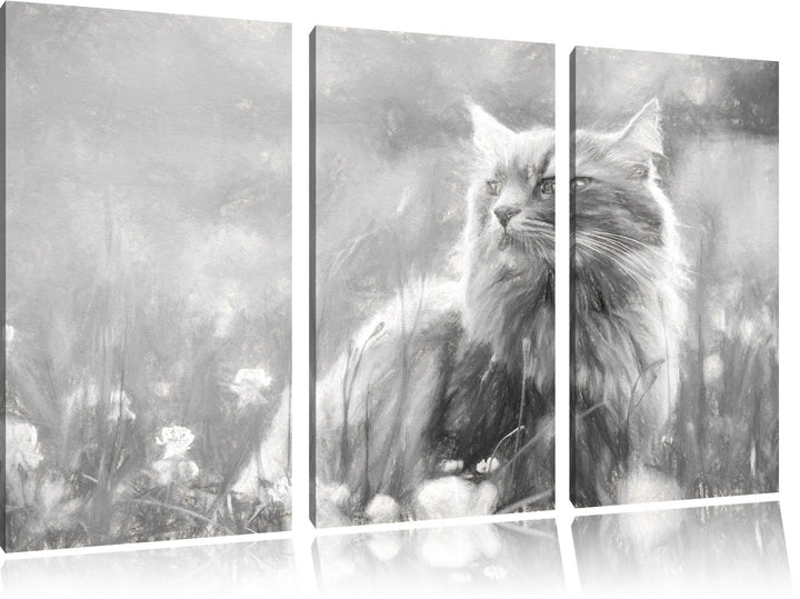 Pixxprint Katze in der Wildnis Kunst Kohle Effekt 3-Teiler Leinwandbild 120x80 Bild auf Leinwand, ri