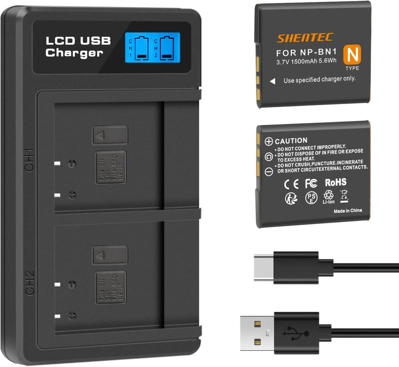 Shentec Lithium-Ionen-Akku NP-BN1 und USB-LCD-Ladegerät für Sony Cyber-Shot DSC-W800, DSC-WX220, DSC