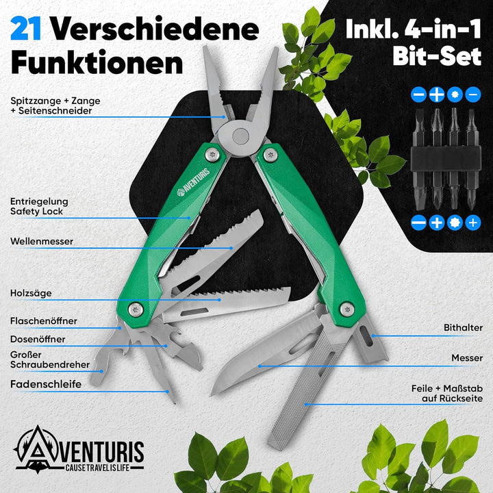 AVENTURIS® Multitool-Werkzeug [Edelstahl] mit 21 Funktionen, Geschenk für Mann, Multi tool mit Zange
