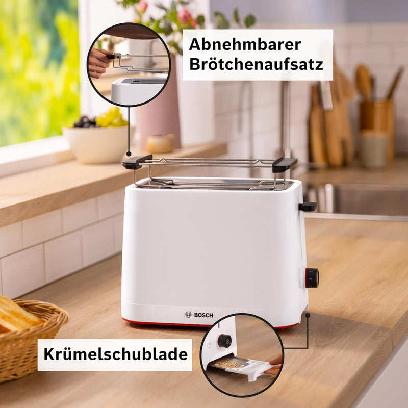 Bosch Kompakt Toaster MyMoment TAT3M121, entnehmbarer klappbarer Brötchenaufsatz, mit Auftaufunktion