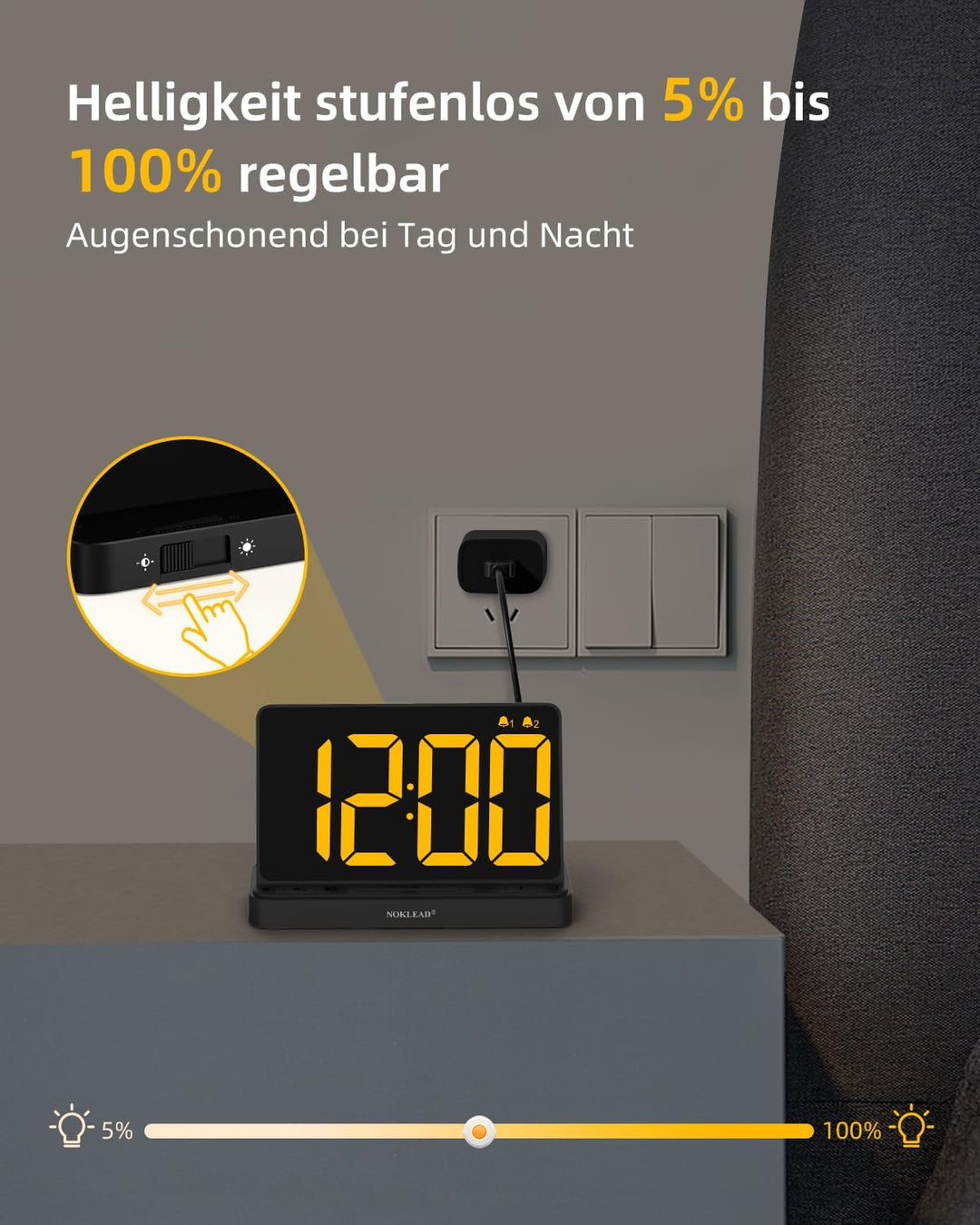 NOKLEAD Digitaler Wecker mit Grossem 6,5" RGB Farbwechsel Display, Netzbetriebene Nachttischuhr mit