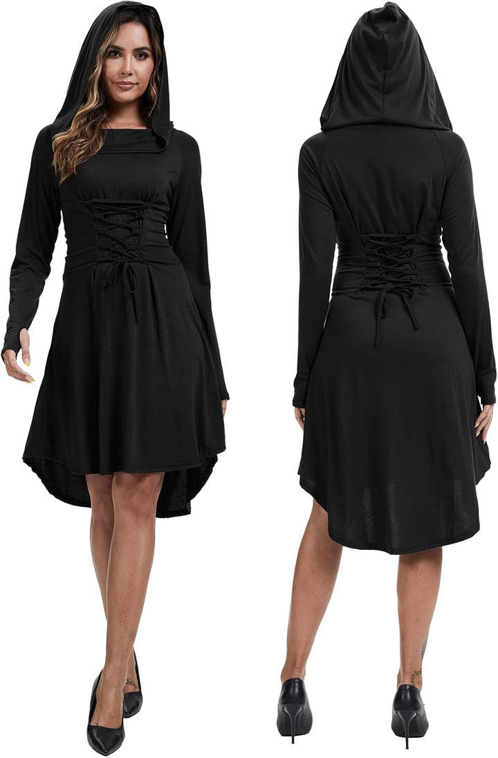 TSIRNK Gothic Kleid Damen,Mittelalter Kleidung Damen,Halloween Kostüm,Renaissance Mit Kapuze Kleid f