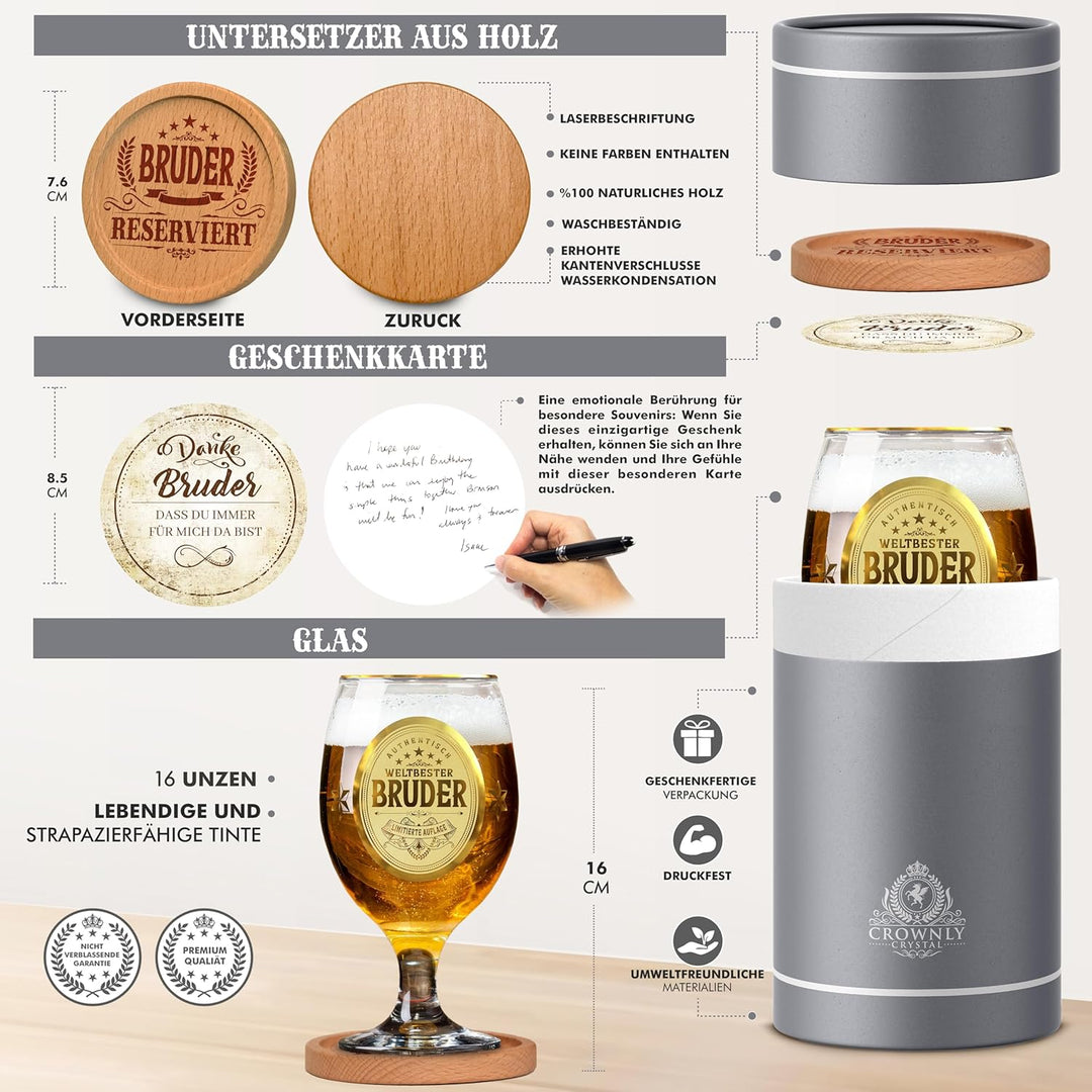 CROWNLY CRYSTAL® Personalisiertes Bierglas Mit Gravur - Geschenk für Bruder Zum Geburtstag - Männerg