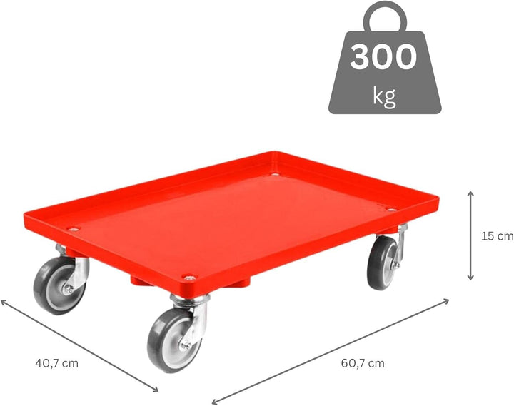 SparSet 10x Transportroller für Euroboxen 60x40cm mit Gummiräder rot | Geschlossenes Deck | 2 Lenkro