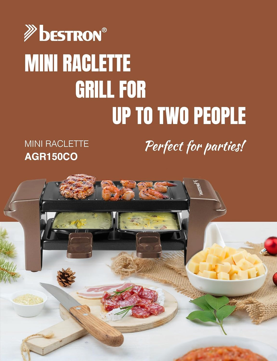 Bestron Raclette für 1 bis 2 Personen, Mini Tischgrill mit zwei Pfännchen, zwei Holzschabern & zwei