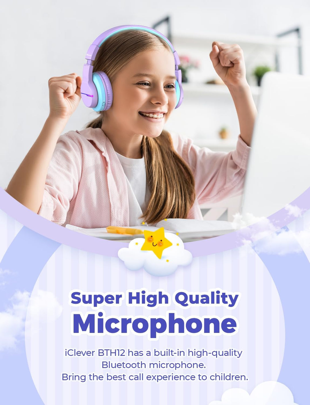 iClever Bluetooth Kinder Kopfhörer, Farbige LED-Leuchten, Kinderkopfhörer Over-Ear mit 74/85/94dB La