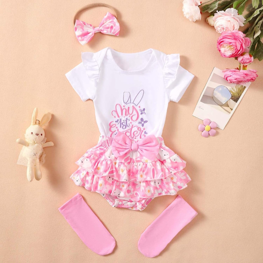 Baby Mädchen Ostern Kleidung Geburtstag Outfit Bunny Kurzarm Strampler Hohe Taille Rüschen Tütü Rock