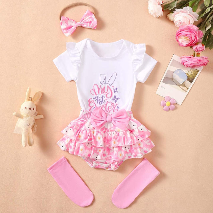 Baby Mädchen Ostern Kleidung Geburtstag Outfit Bunny Kurzarm Strampler Hohe Taille Rüschen Tütü Rock