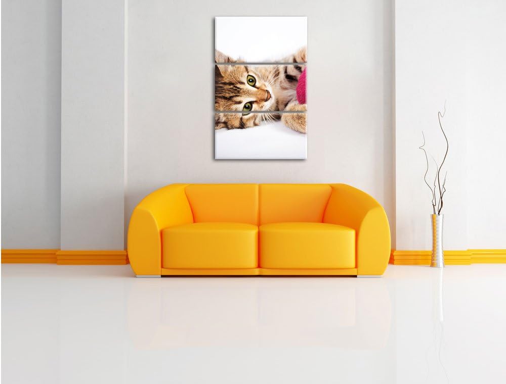 Pixxprint Kätzchen mit Wollknäuel als Leinwandbild/Grösse: 3 Teilig (120x80) cm/Wandbild/Kunstdruck/