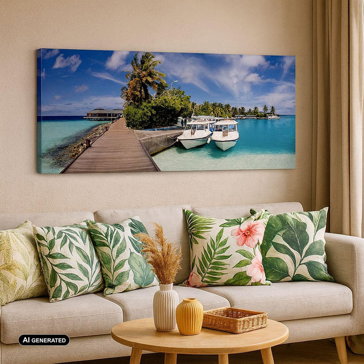 Bilder auf Leinwand 100x40cm Leinwandbild Maledische Insel Archipel Ozean Hütte Gross Wanddeko Bild
