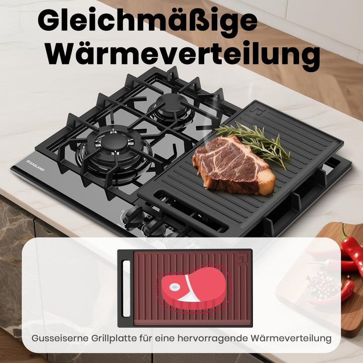 GASLAND GDS25C Grillplatte, Flache Grillpfanne mit Griff für Gaskochfelder, Gusseisen, Rostschutz, Z