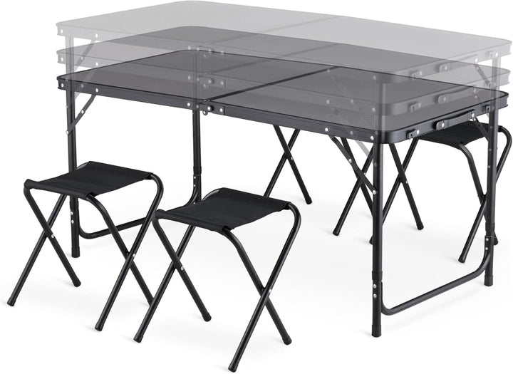 Campingtisch mit 4 stühlen, Verstellbare Höhe Tragbarer Klappbar Grilltisch 120 x 60 cm mit Tragegri