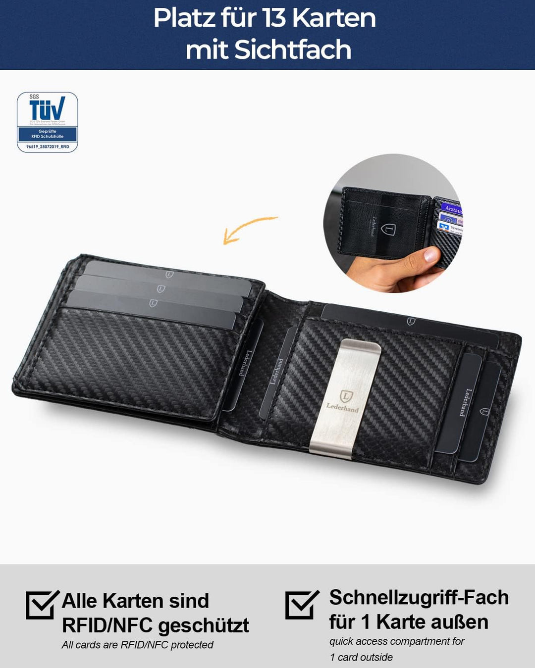 Lederhand® iSlim XL - Carbon Leder Geldbeutel mit Geldklammer und Münzfach, 13 Kartenfach + 1 Sichtf