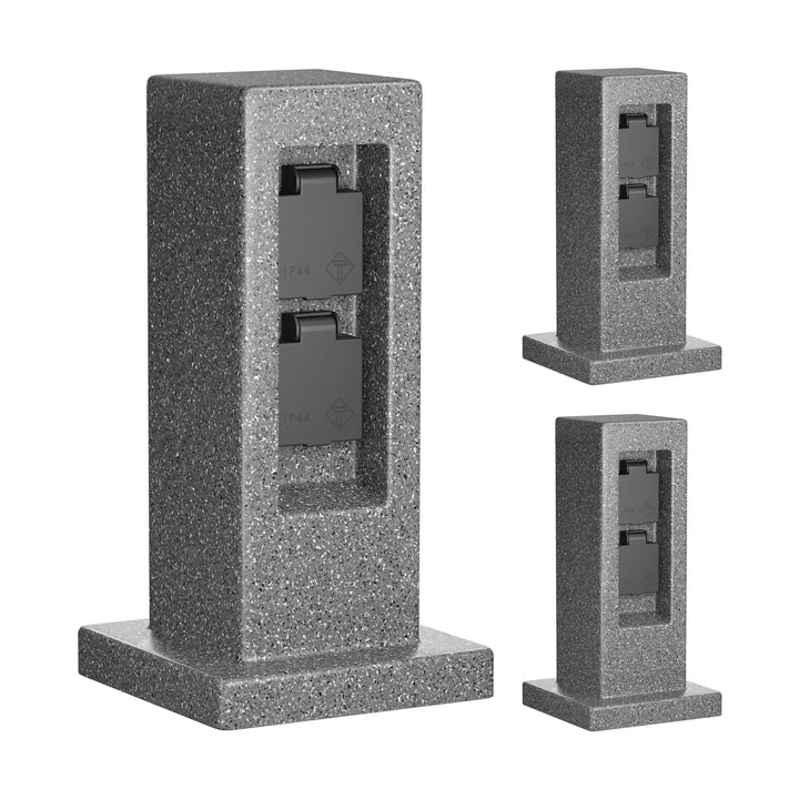 ledscom.de 3 Stück Garten Steckdosensäule Pock für aussen, IP44, 2-Fach, anthrazit (Stein-Optik), ec