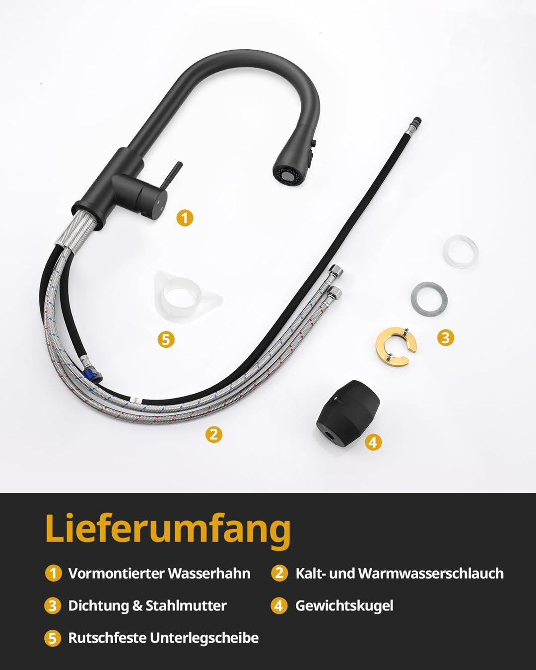 Küchenarmatur, Ausziehbarer Wasserhahn mit Edelstahl-Sprühbrause und 3 Sprühfunktionen, 360° schwenk