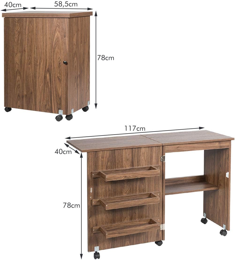 DREAMADE Nähtisch Nähmaschinenschrank Faltbar, Nähschrank Nähmöbel, Mehrzwecktisch mit 4 Rollen (Bra