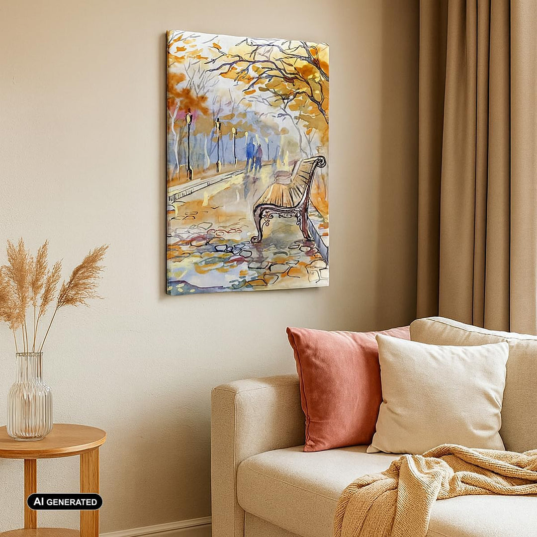 Bilder auf Leinwand Path Bench Herbst Frau Leinwandbild mit Rahmen 45x80cm Wandbilder Dekoration Woh