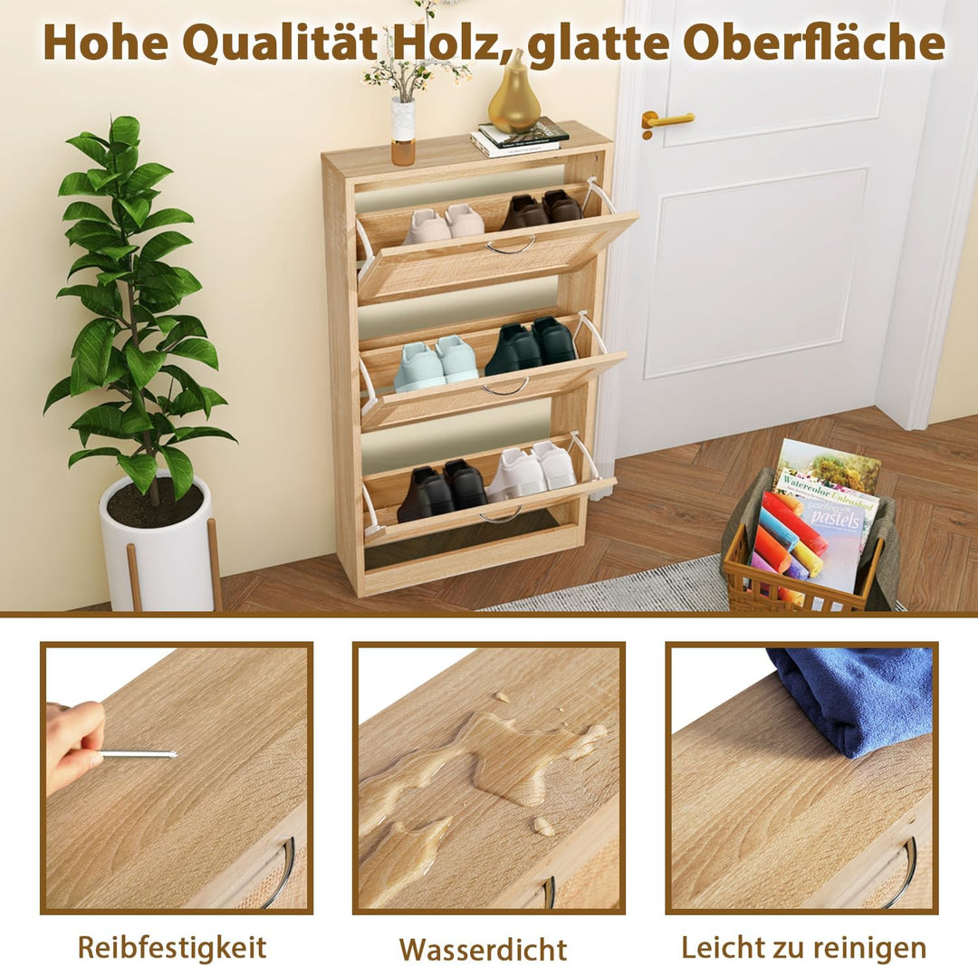 GRAVFORCE Schuhschrank 3 Klappen, Eingangsbereich, Rattan schmaler Schuhschrank Flip Down Schuhregal