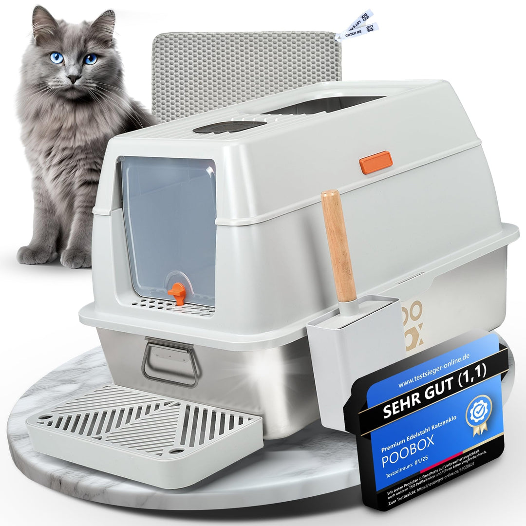Katzenklo Edelstahl mit Deckel auslaufsicher | 3-in-1 Katzentoilette geschlossen offen | inkl Geruch