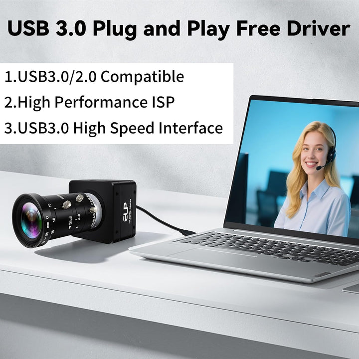 ELP 20MP 5K Ultra HD USB 3.0 Kamera, 5120 x 3840 27,5 fps Webcam mit hoher Bildrate, 10–55 mm 5-Fach