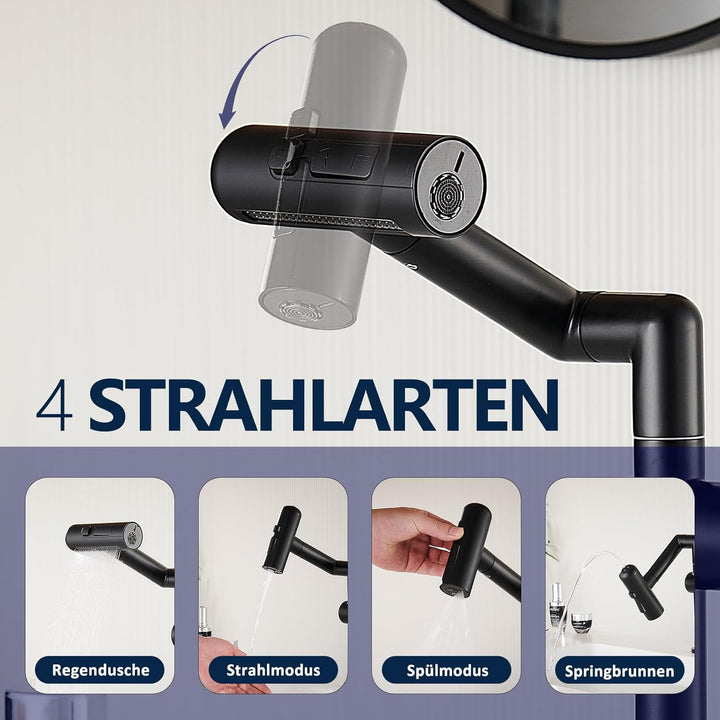 Waschtischarmatur Schwarz, 360° Drehbar mit 4 Wassermodi, Wasserhahn Bad aus 304 Edelstahl, Schwenka