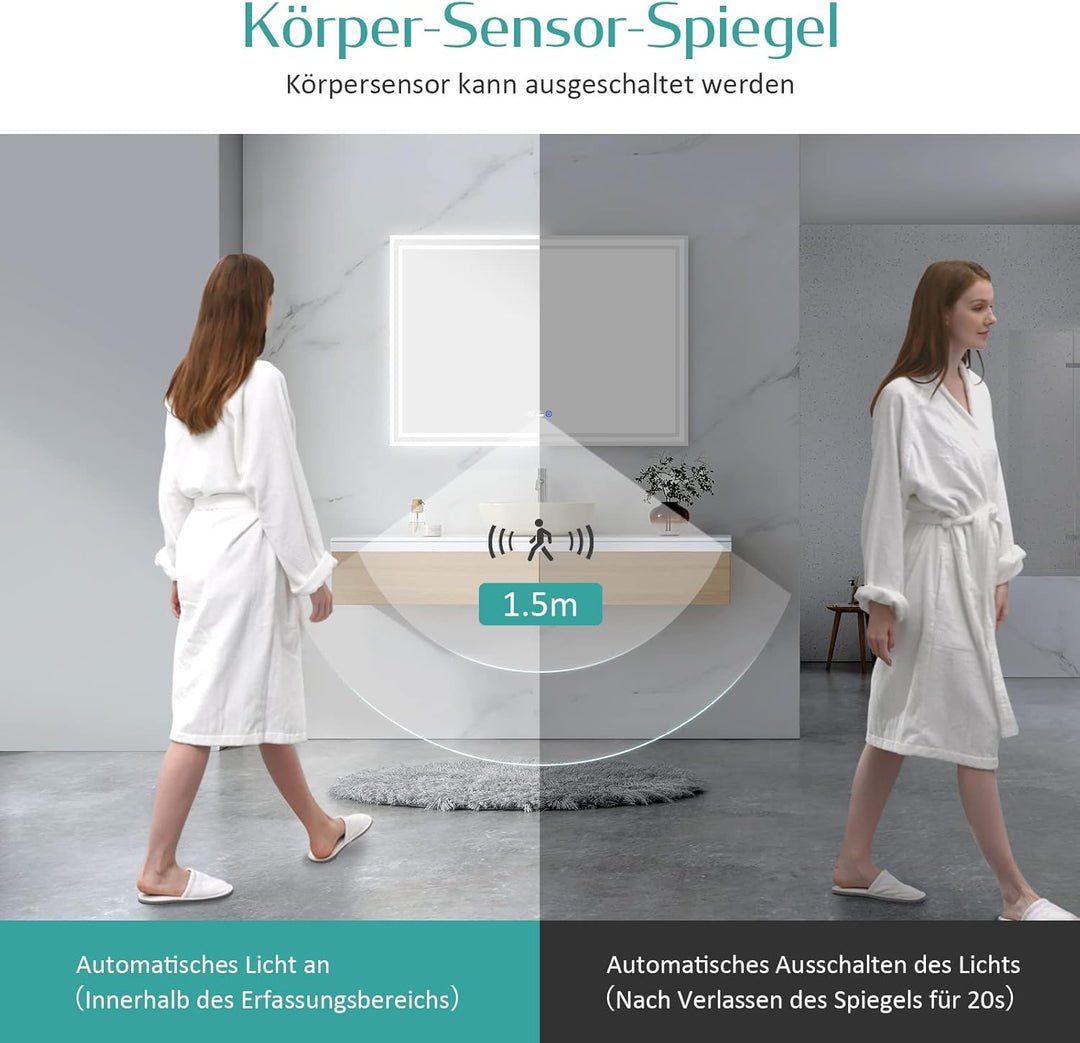 EMKE Sensor Spiegel mit Beleuchtung 80x60cm LED Badspiegel mit Bewegungssensor, Touch, Beschlagfrei,