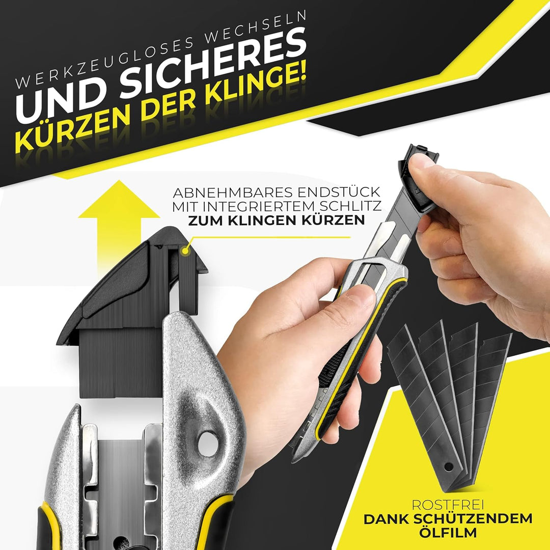 Precise Lines [3er Set] Profi Cuttermesser 18mm | Heavy-Duty-Gehäuse mit versenktem Schieberegler un