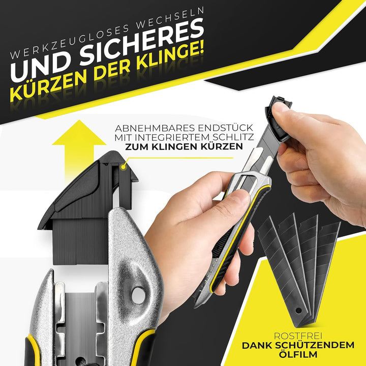 Precise Lines [3er Set] Profi Cuttermesser 18mm | Heavy-Duty-Gehäuse mit versenktem Schieberegler un