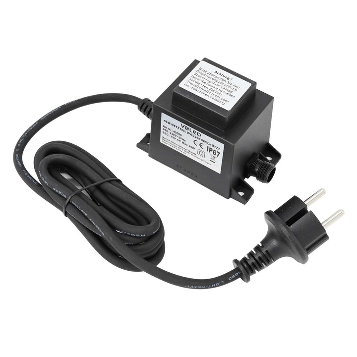 VBLED® Aussen Steckernetzteil Trafo 12V AC / 45W / IP67 für den Betrieb von Leuchten mit IP44 Stecks