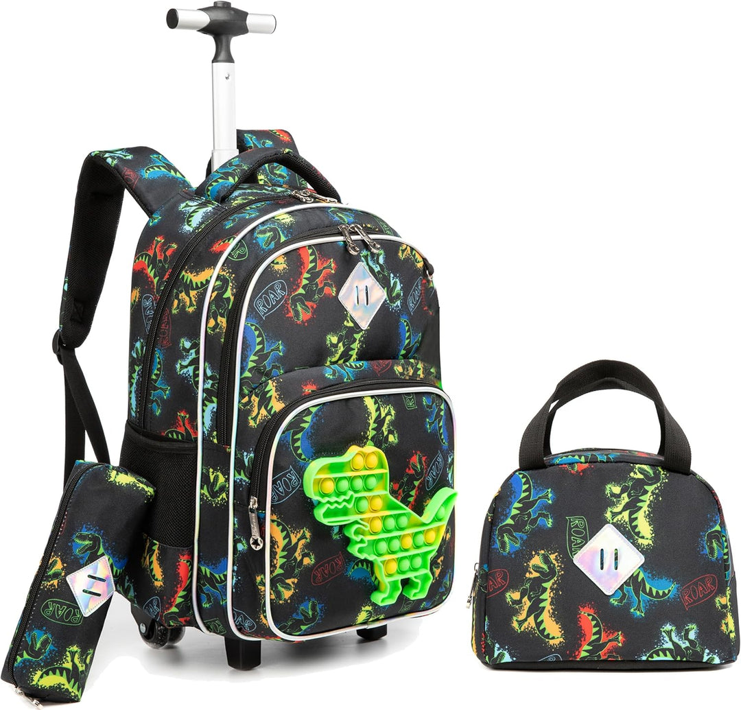 HTgroce Pop it Trolley Rucksack Kinder Jungen, Dinosaurier Kinder Trolley Schultasche mit Rollen Ruc
