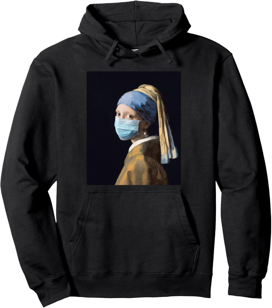 Funny girl with a pearl earring face mask portrait Pullover Hoodie