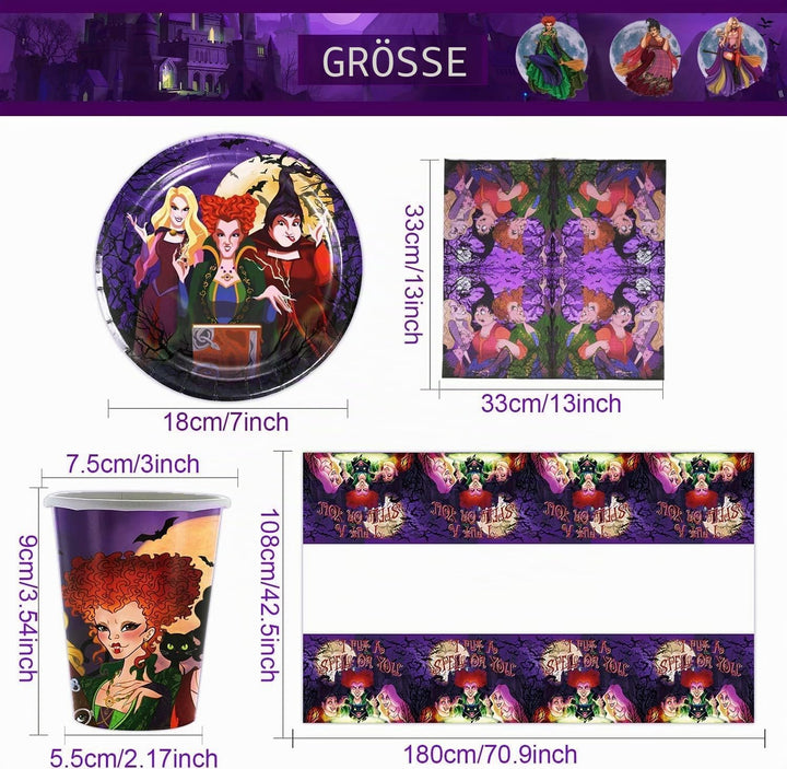 Hocus Pocus Thema Partygeschirr,Party Dekoration Grusel Hexen Witch Sisters,Crazy Partygeschirr Gebu