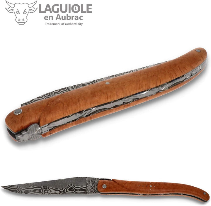 Laguiole en Aubrac Messer 12 cm - Griffschalen Bruyère plein manche - Zisellierte Platine - Damastkl