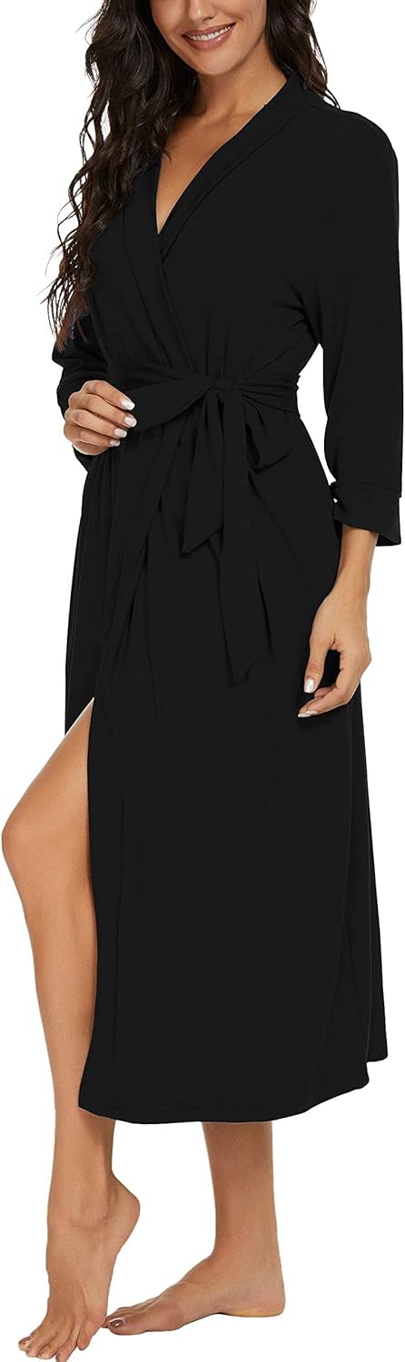 PrinStory Damen Bademantel Leichter 3/4 Ärmeln Morgenmantel V-Ausschnitt Kimono Roben Langes Nachtwä