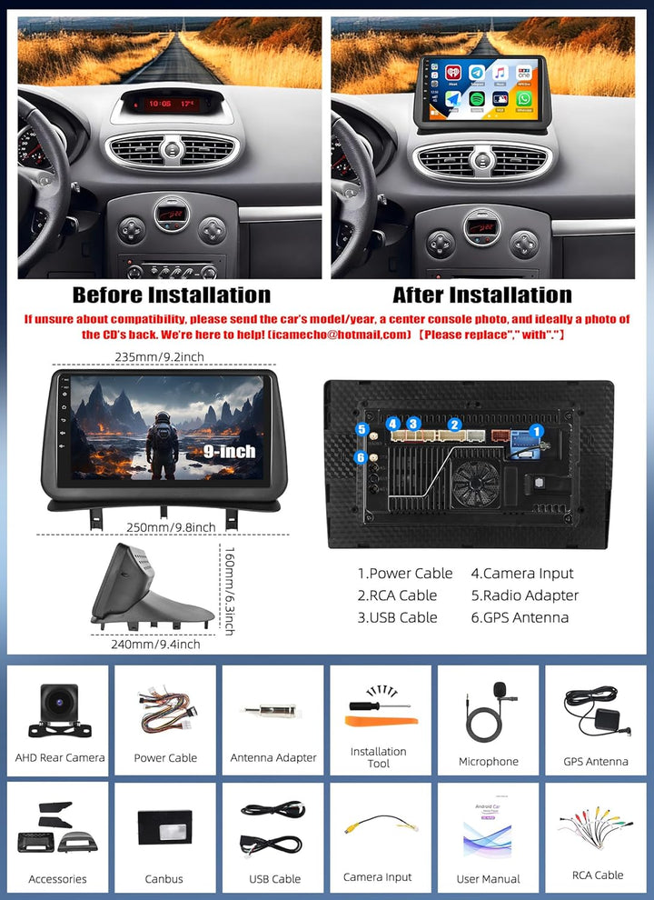 CAMECHO Android 15 Qualcomm Octa Core 4G+64G Autoradio für Renault Clio 3 2006-2012 mit Carplay Andr