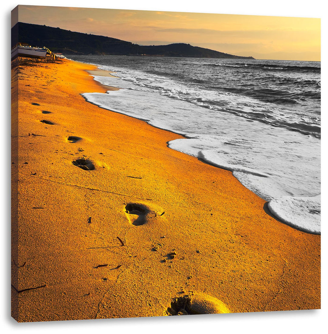 Pixxprint Fussabdrücke im Sand am Strand, Format: 70x70 auf Leinwand, 70x70