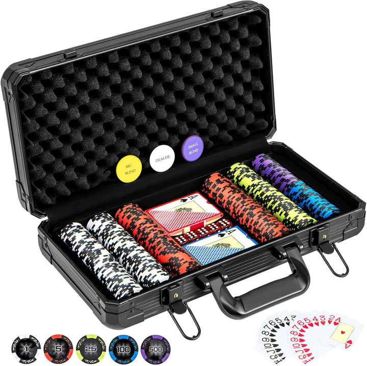 DREAMADE Aluminium Pokerkoffer mit 300 nummerierten Laser Poker Chips/ 2 Pokerkarten Set/ 5 Würfel/